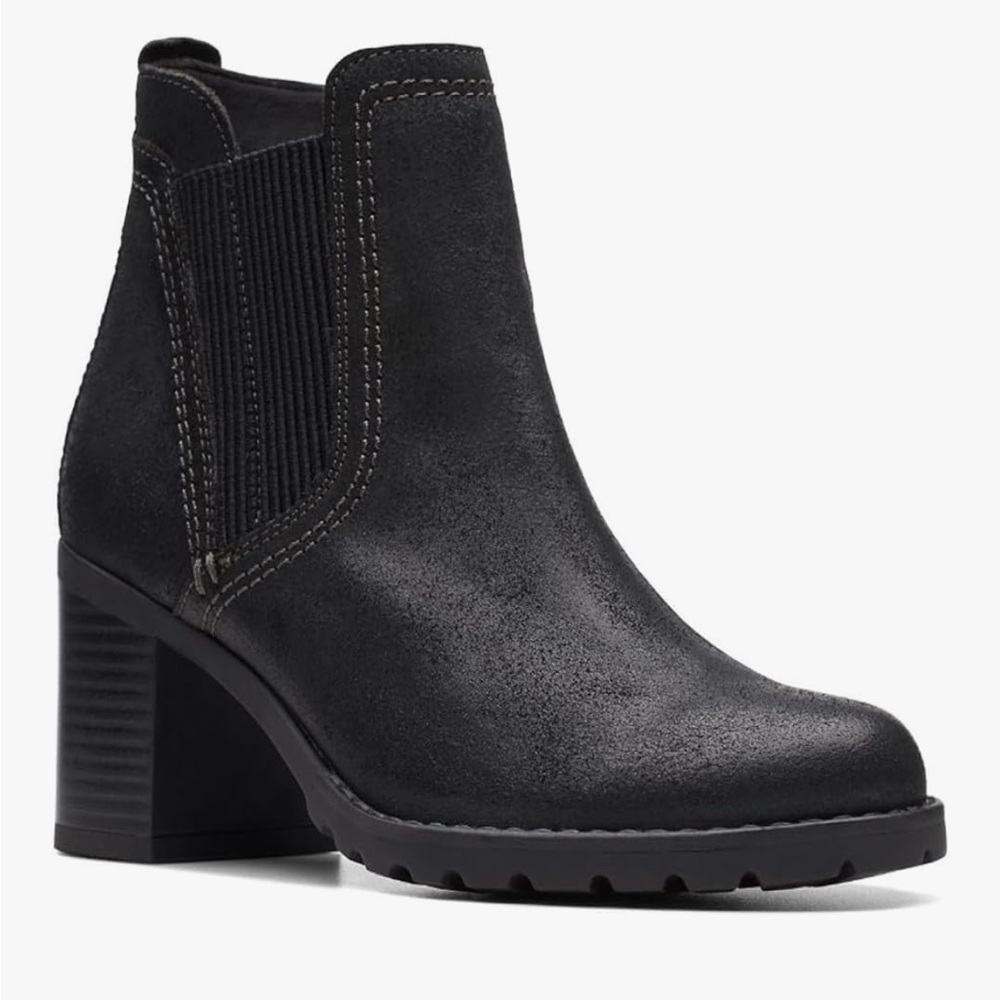 New Clarks Leda Up Black Suede Womens Leather Heeled Chelsea Boots Size 10